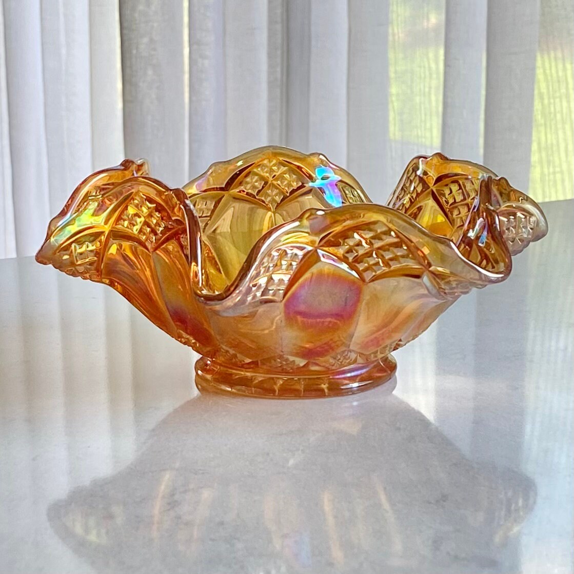 Vintage Diamond Cut Marigold Carnival Glass Bowl