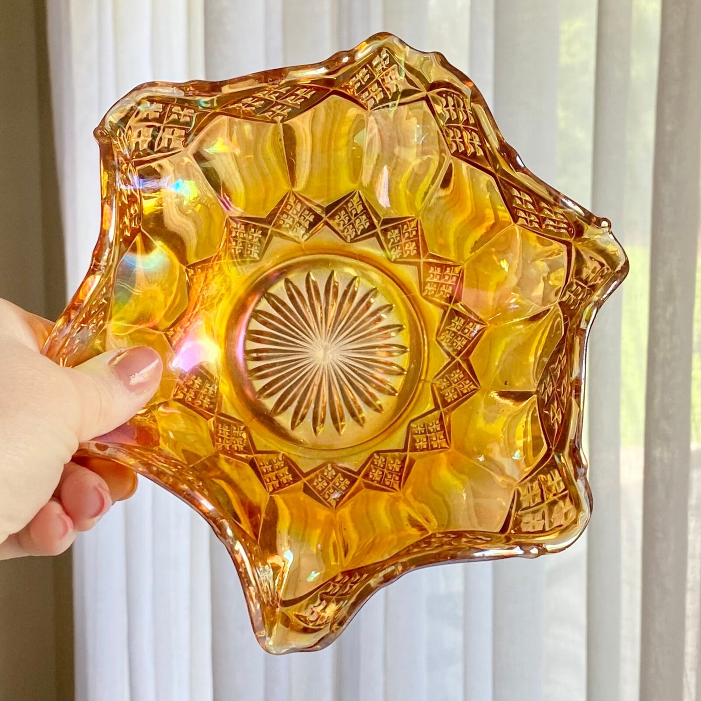 Vintage Diamond Cut Marigold Carnival Glass Bowl