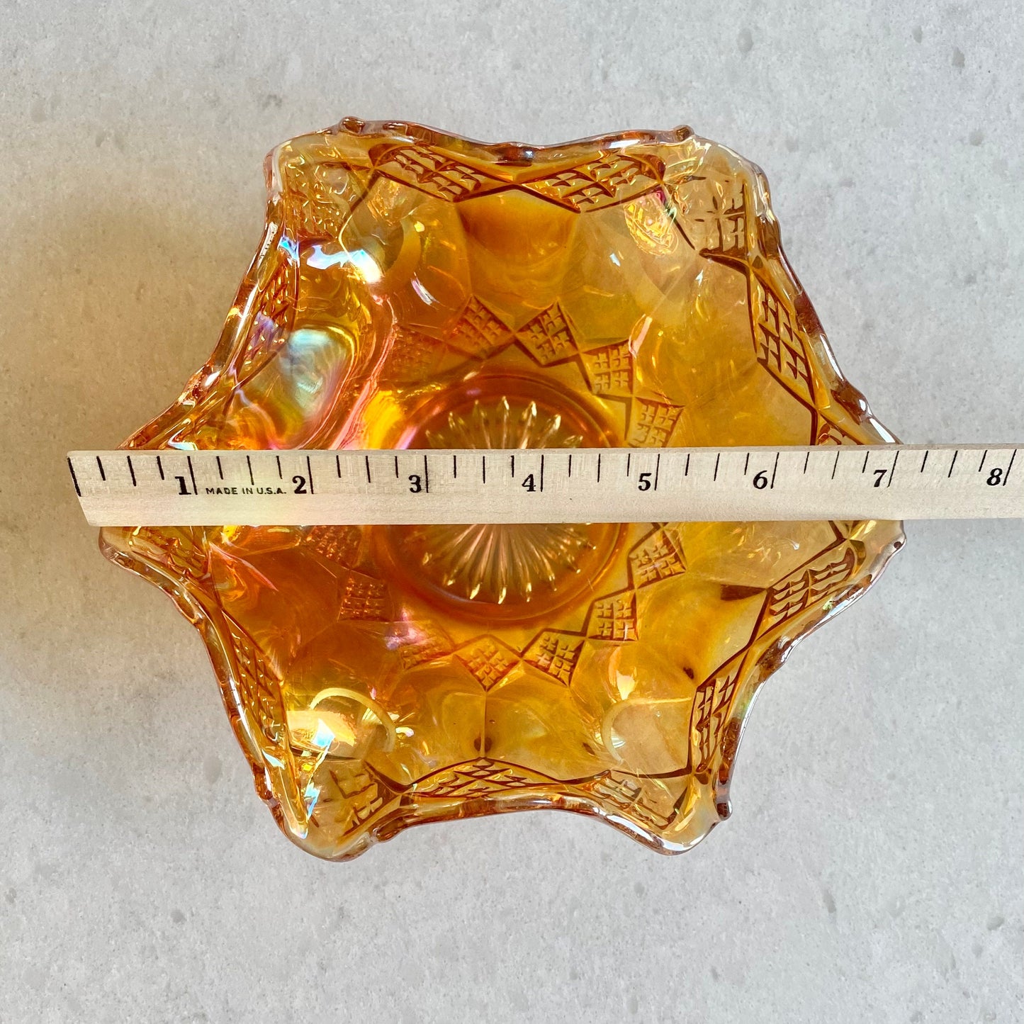 Vintage Diamond Cut Marigold Carnival Glass Bowl