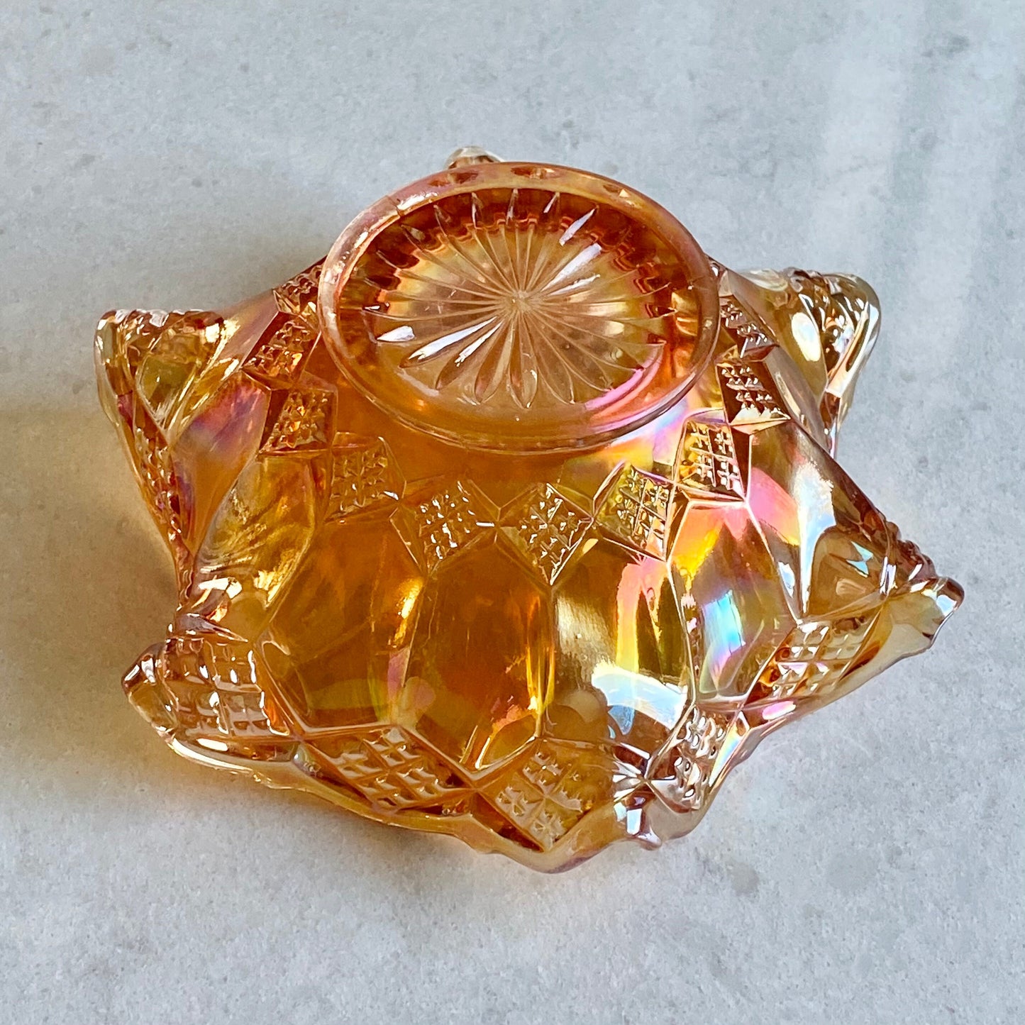 Vintage Diamond Cut Marigold Carnival Glass Bowl
