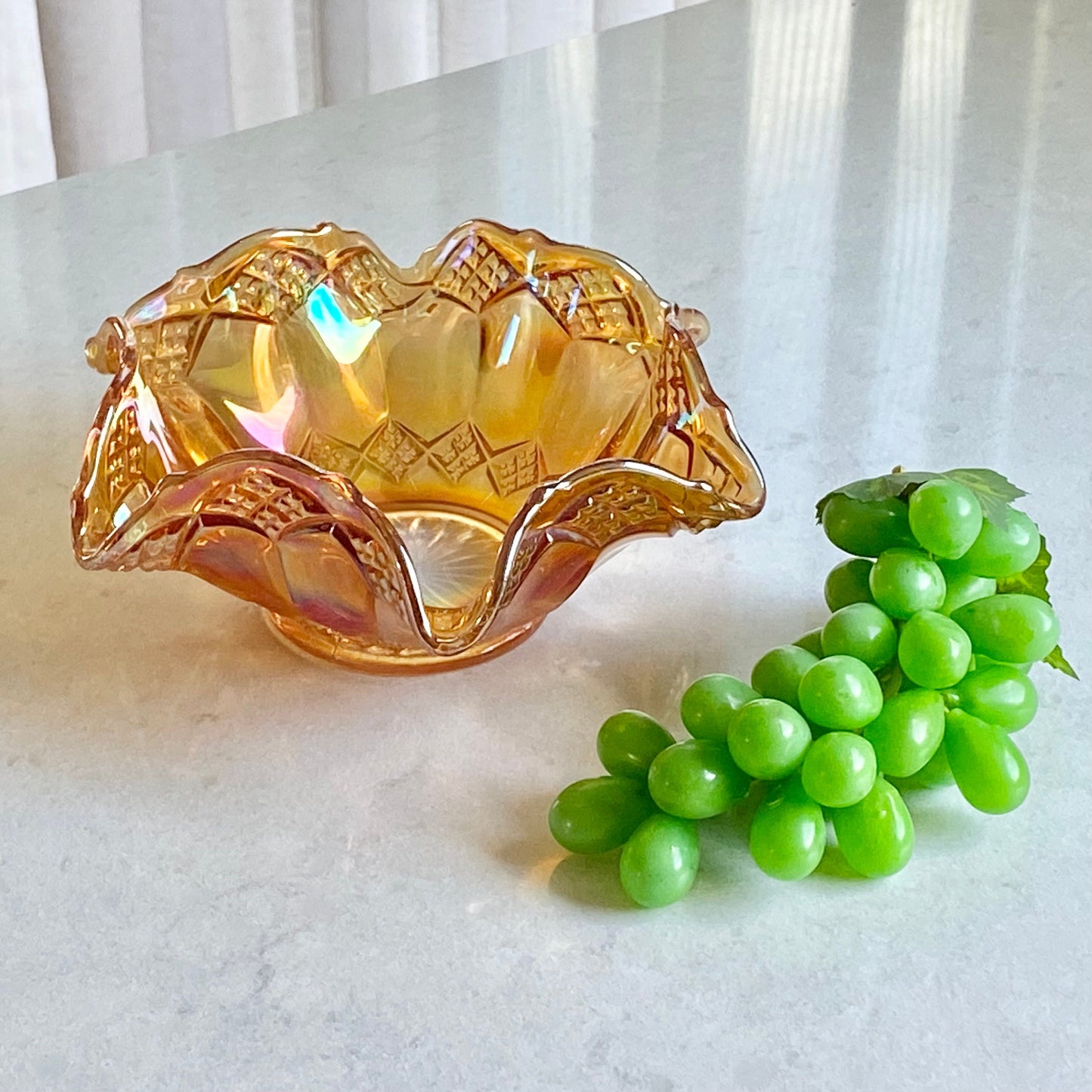 Vintage Diamond Cut Marigold Carnival Glass Bowl