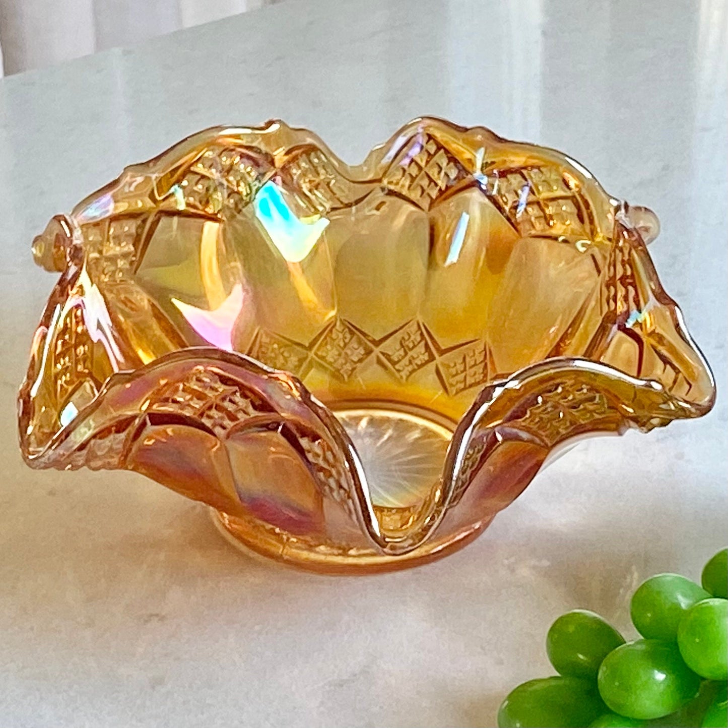 Vintage Diamond Cut Marigold Carnival Glass Bowl