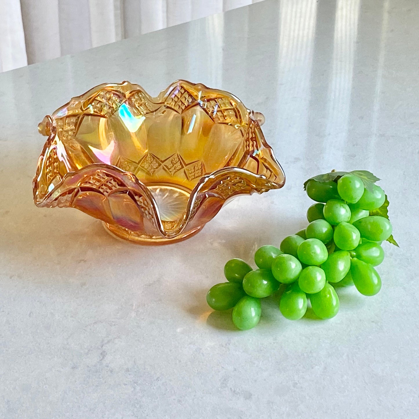 Vintage Diamond Cut Marigold Carnival Glass Bowl