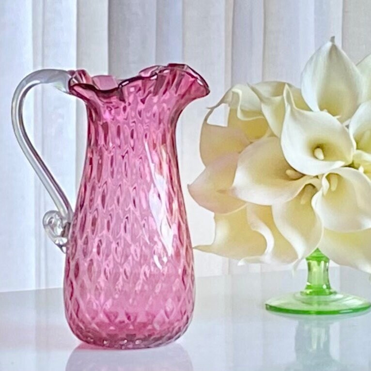 Vintage Cranberry Diamond Optic Hand Blown Pitcher