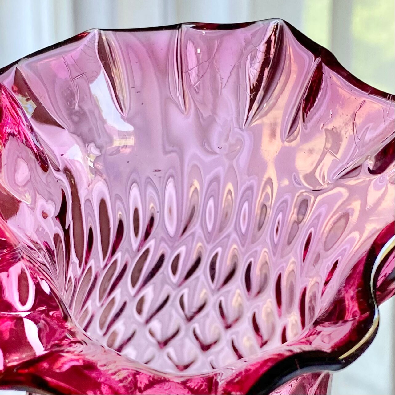 Vintage Cranberry Diamond Optic Hand Blown Pitcher