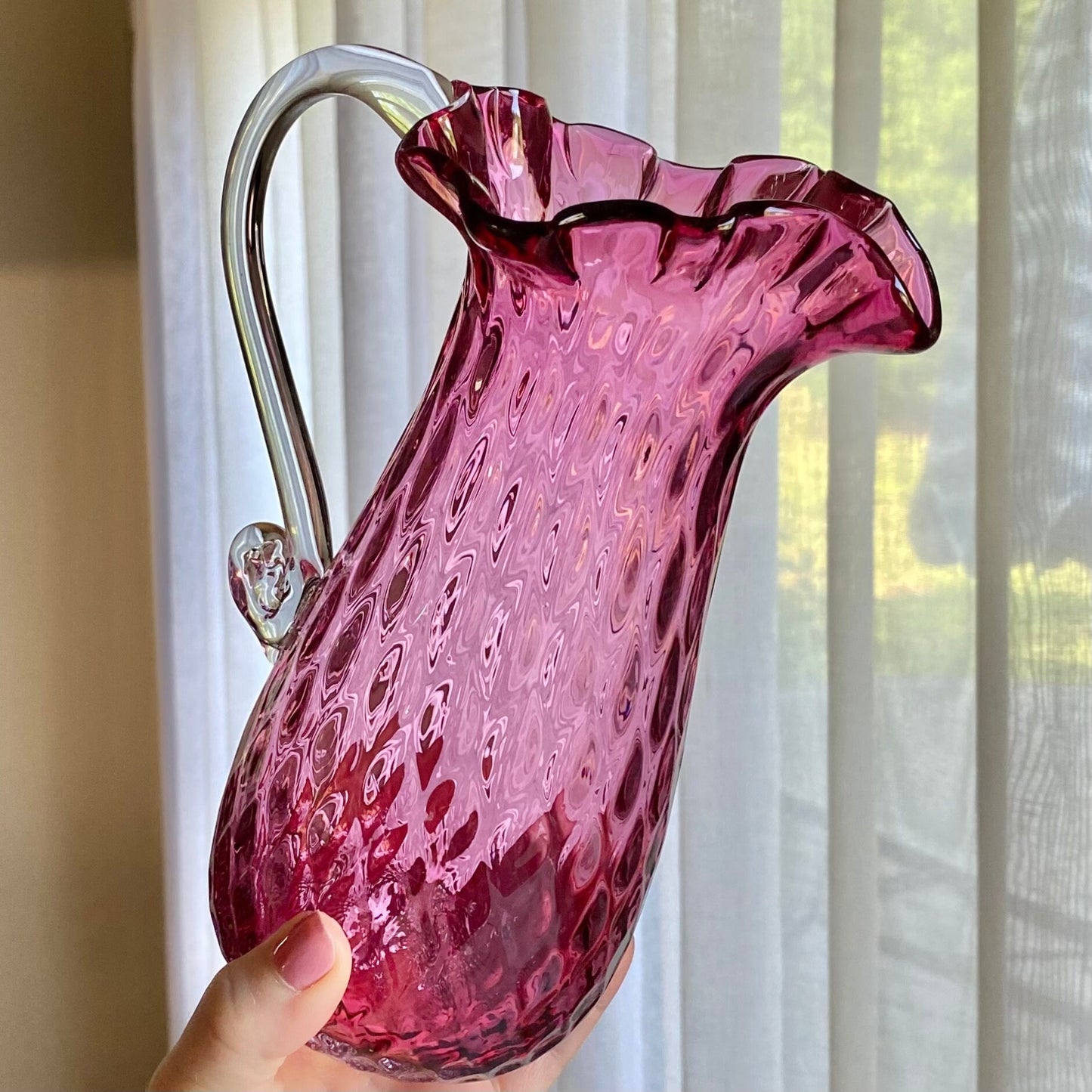 Vintage Cranberry Diamond Optic Hand Blown Pitcher