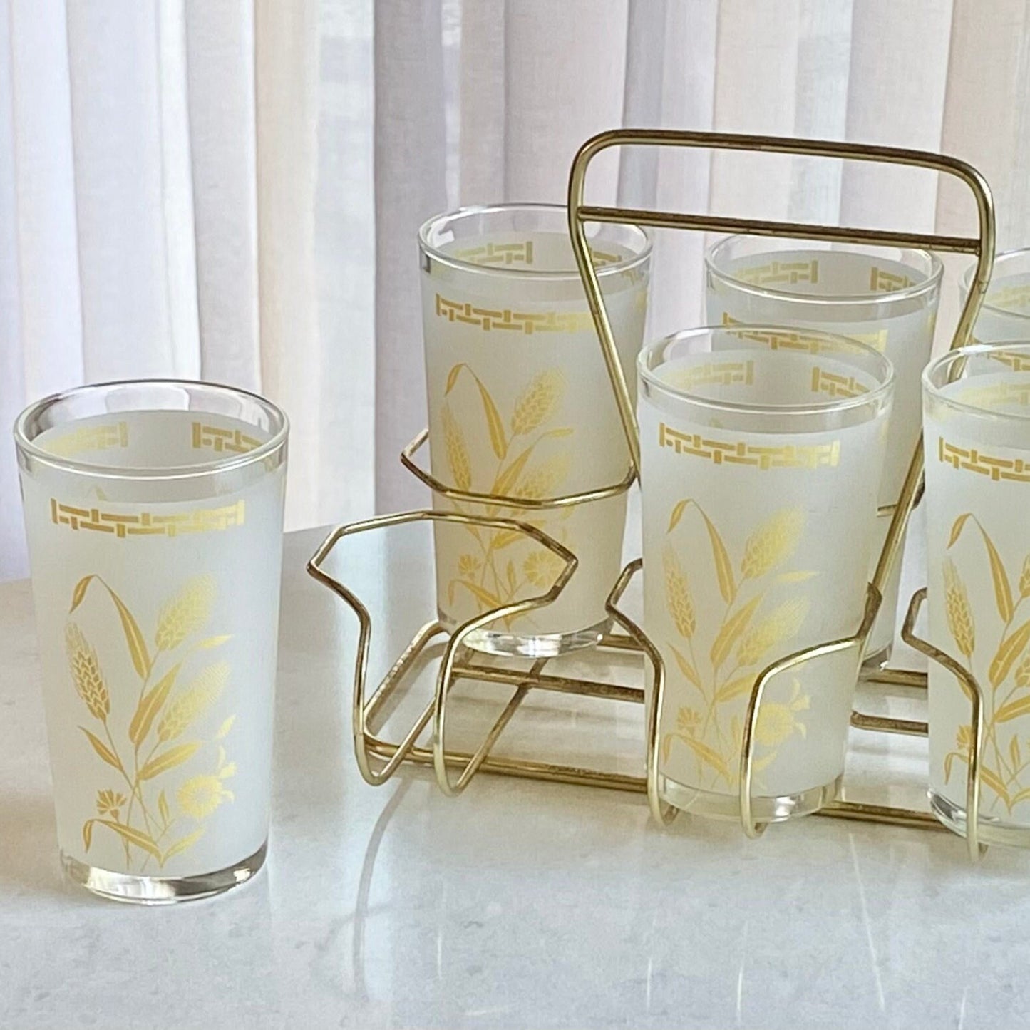 Vintage Golden Wheat Set of 6 Frosted Glasses with Carrier Caddy