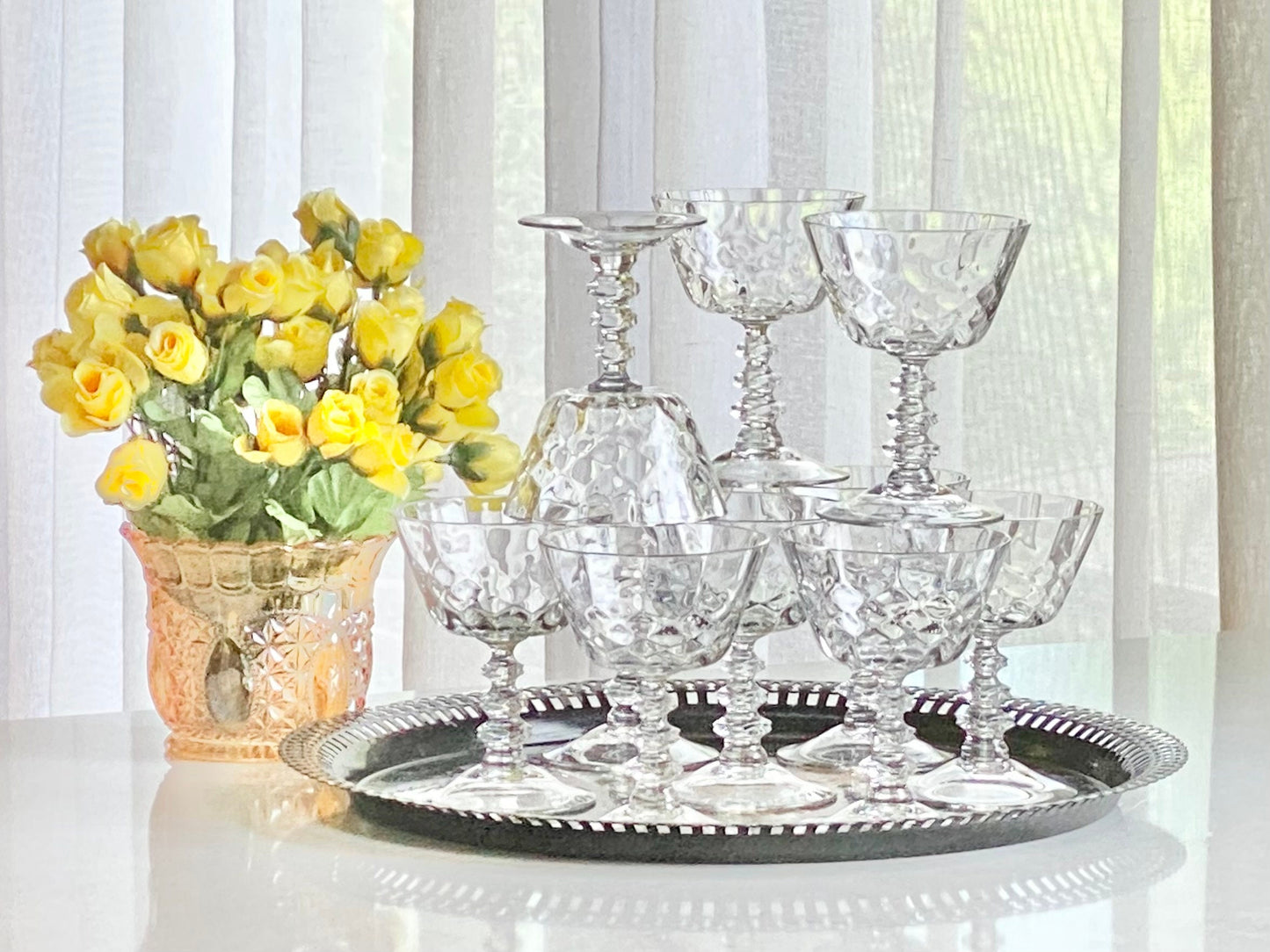 Vintage Cambridge Virginian Diamond Optic Disc Stem Glasses (circa 1938 - 1945) - Set of 10