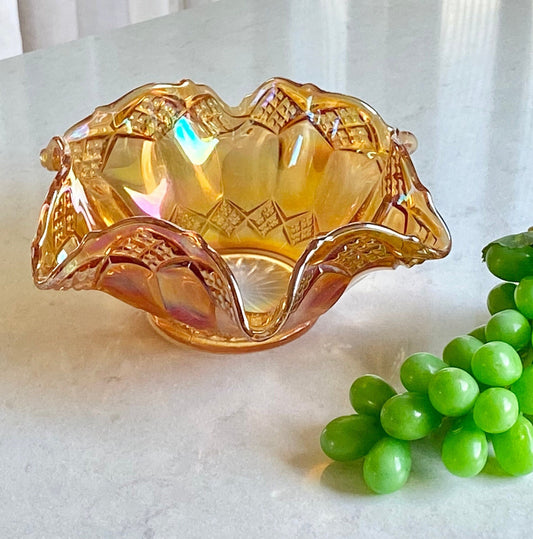 Vintage Diamond Cut Marigold Carnival Glass Bowl