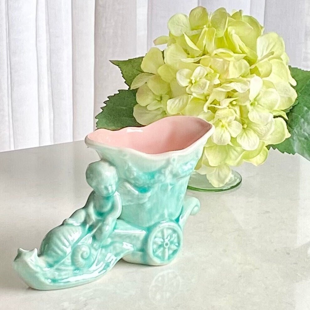 Vintage Cherub and Snail Wagon Planter / Vase