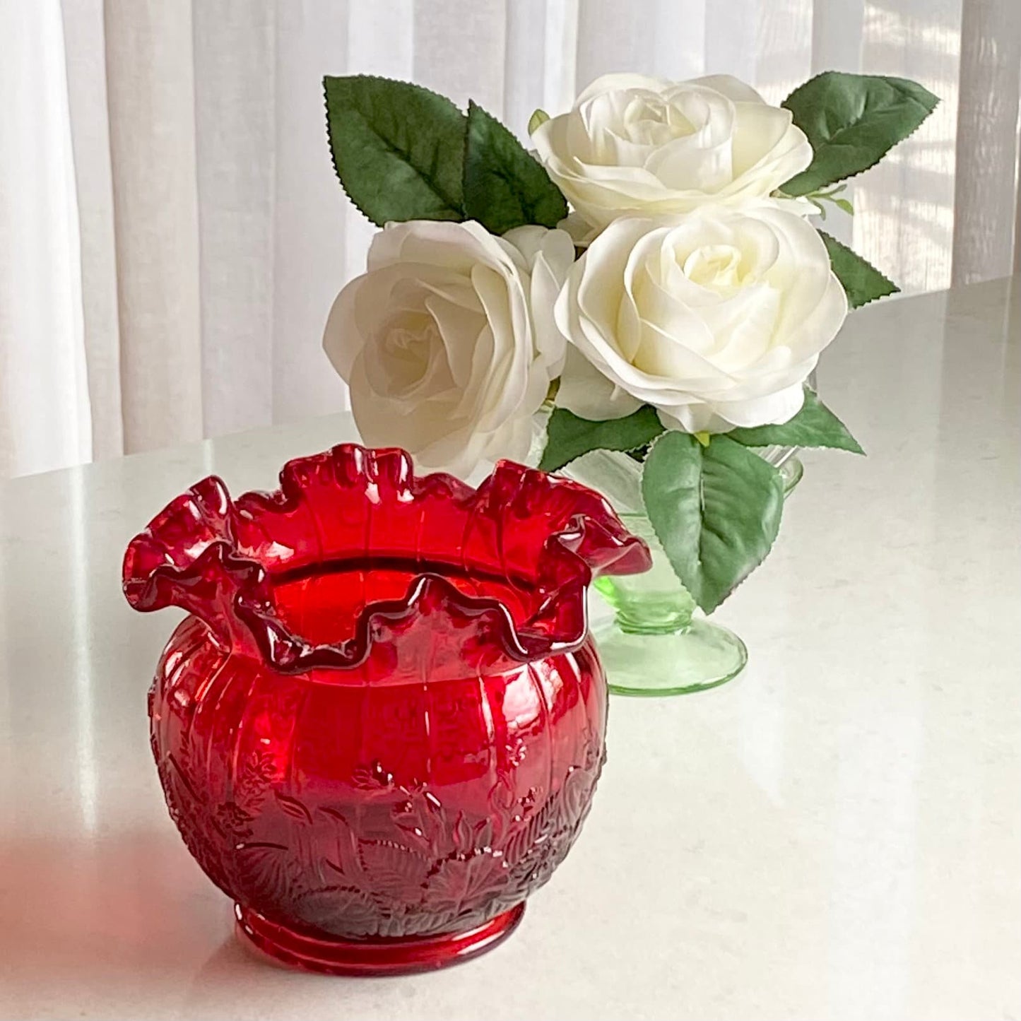 Vintage Fenton Olde Virginia Ruby Red Scalloped Vase