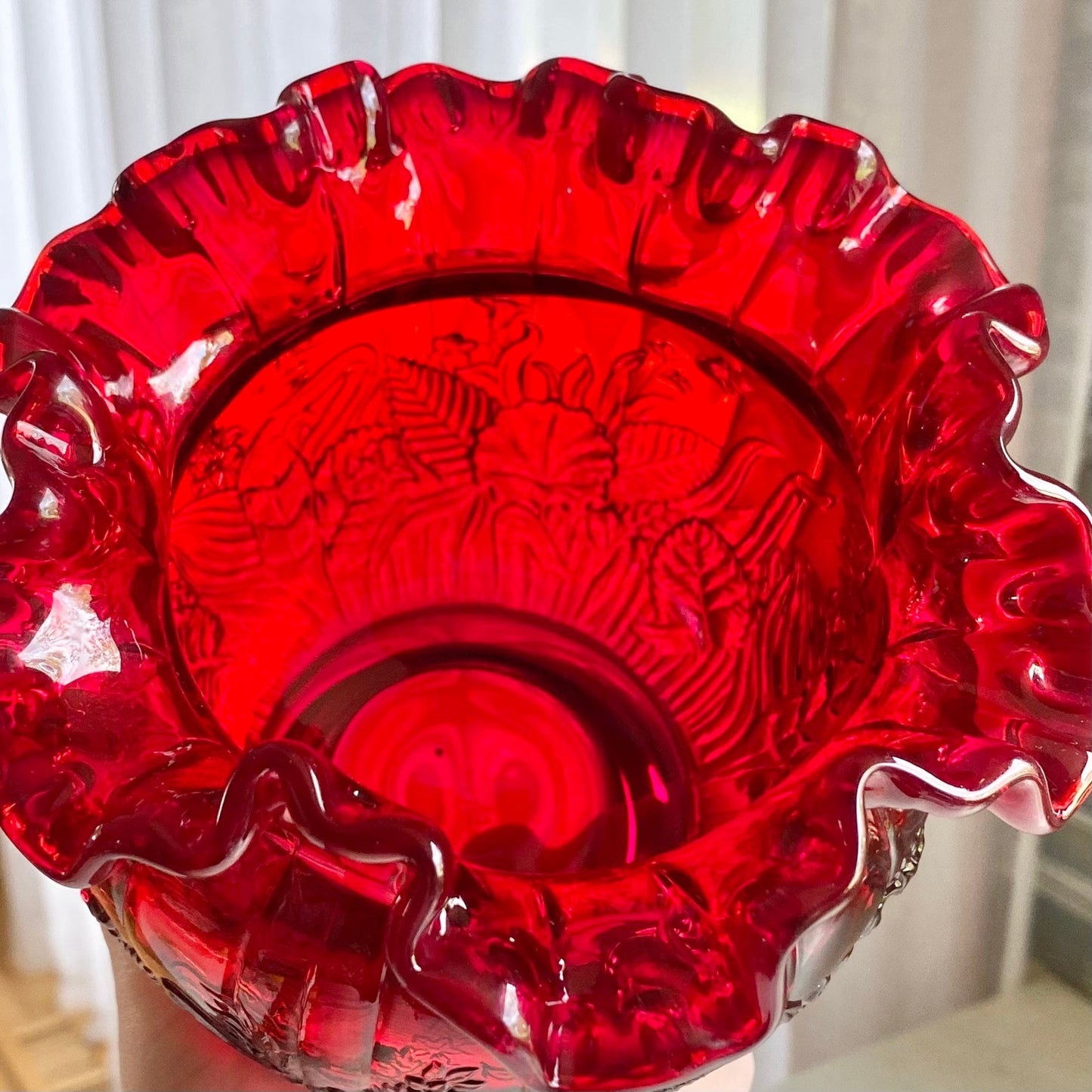 Vintage Fenton Olde Virginia Ruby Red Scalloped Vase
