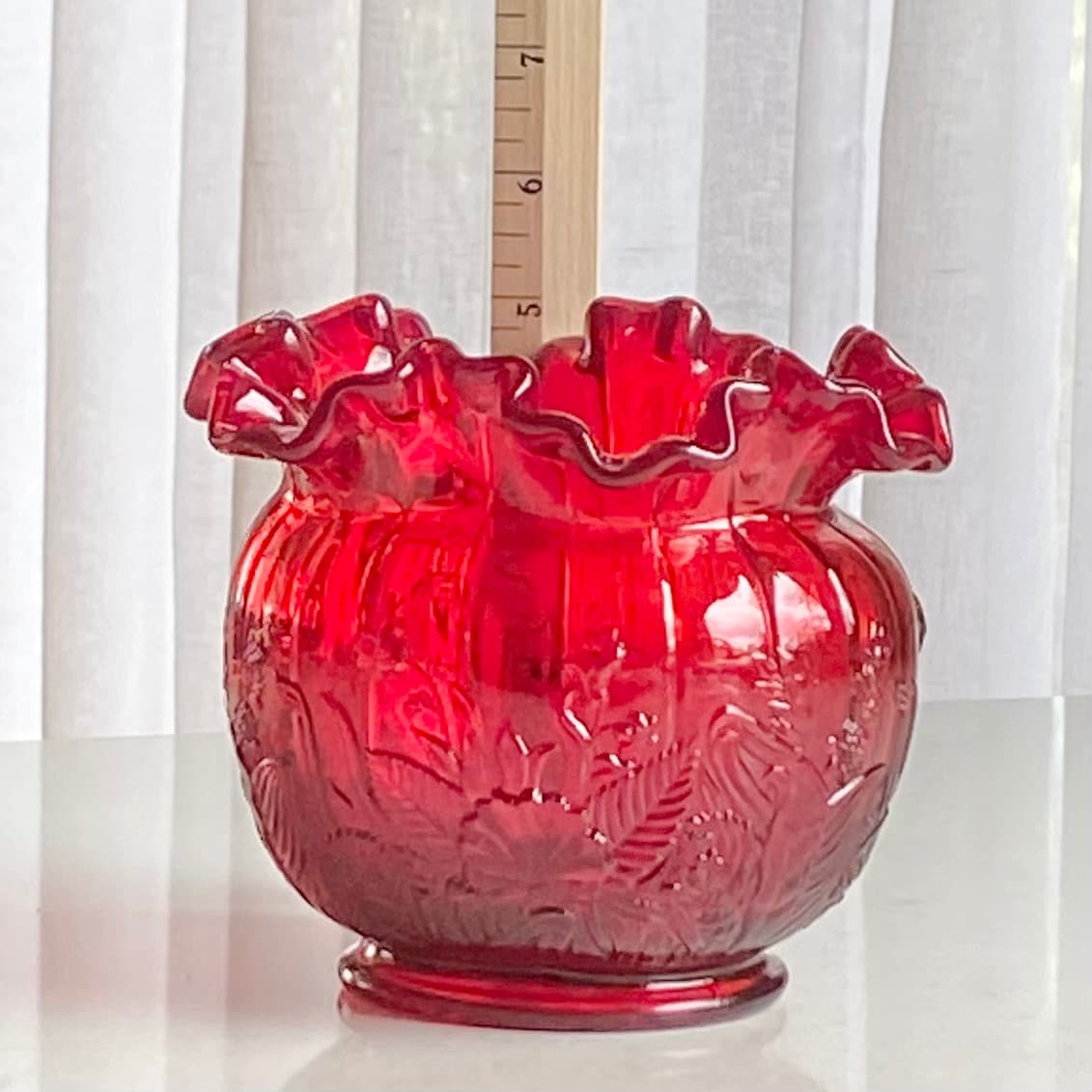 Vintage Fenton Olde Virginia Ruby Red Scalloped Vase