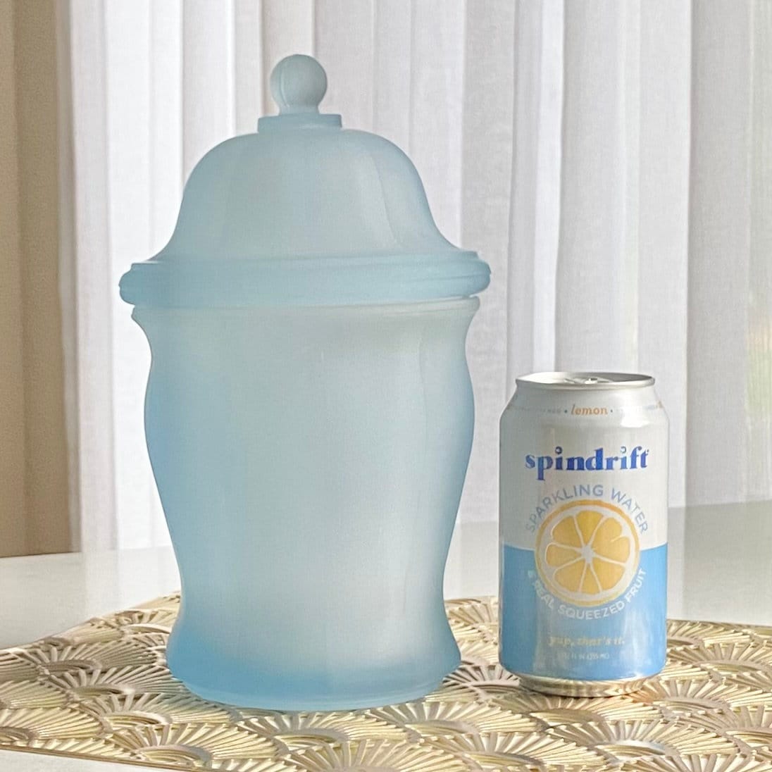 Vintage Indiana Glass Satin Frosted Blue 10 Inch Jar with Lid