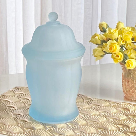 Vintage Indiana Glass Satin Frosted Blue 10 Inch Jar with Lid