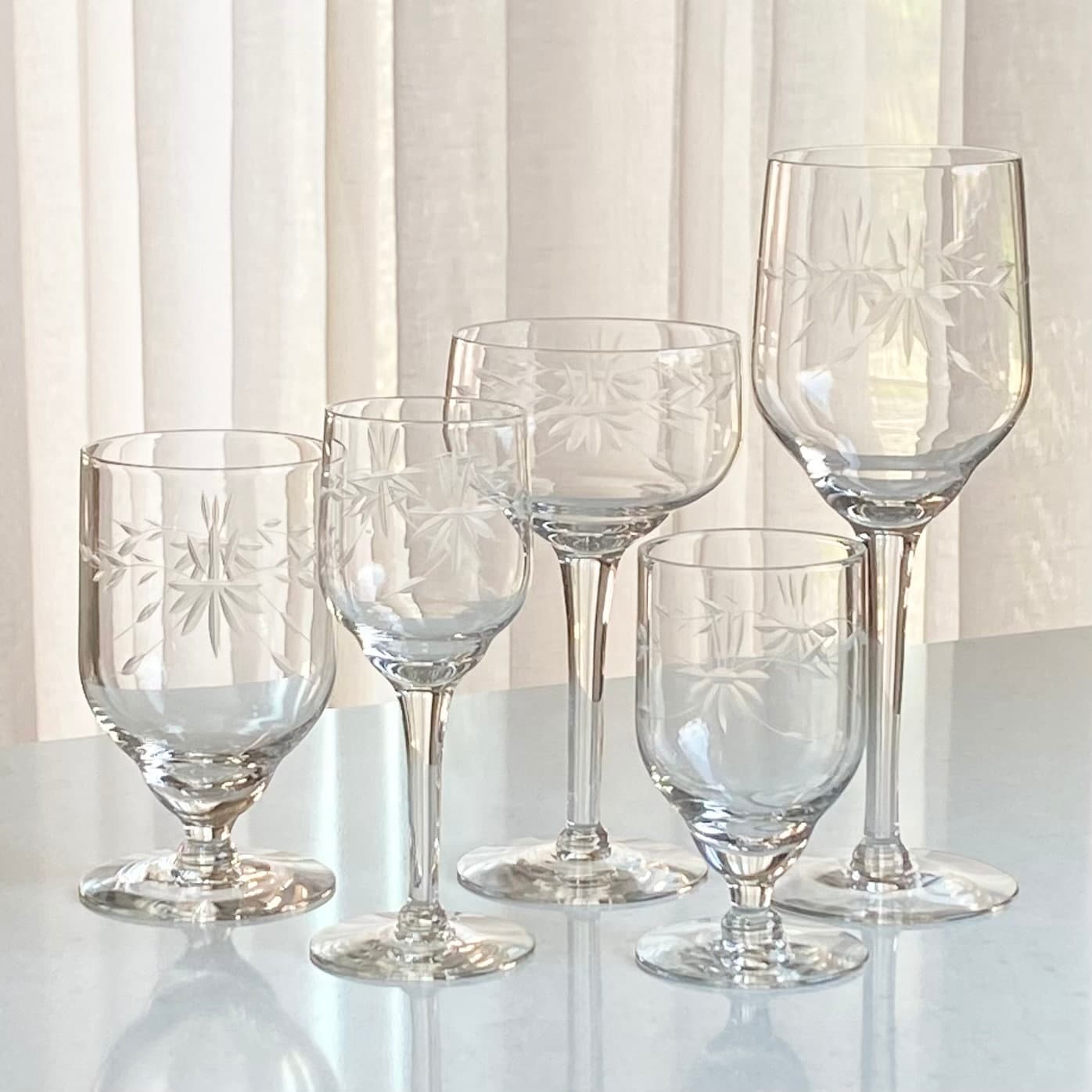 Vintage Etched Footed Glasses - Set of 7