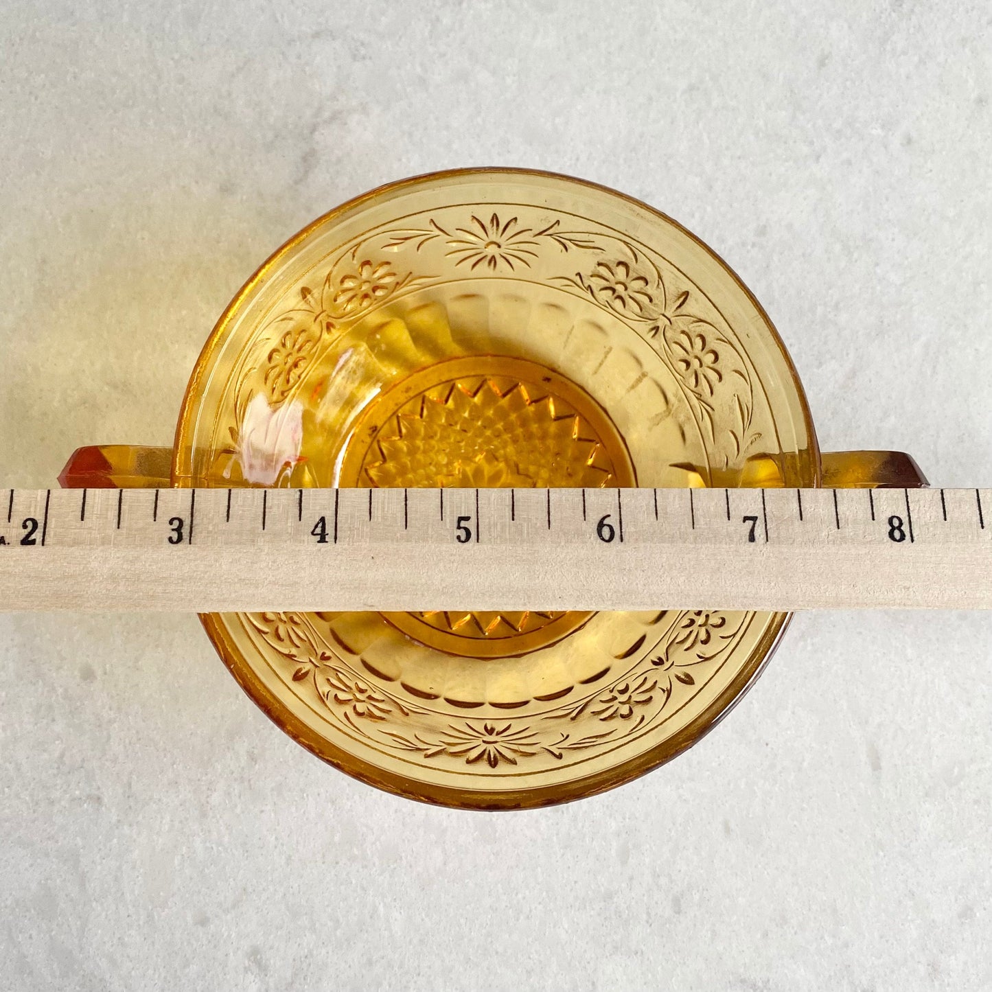 Vintage Indiana Glass Daisy Amber Handled Bowls and Saucers - 7 sets, 14 pieces total