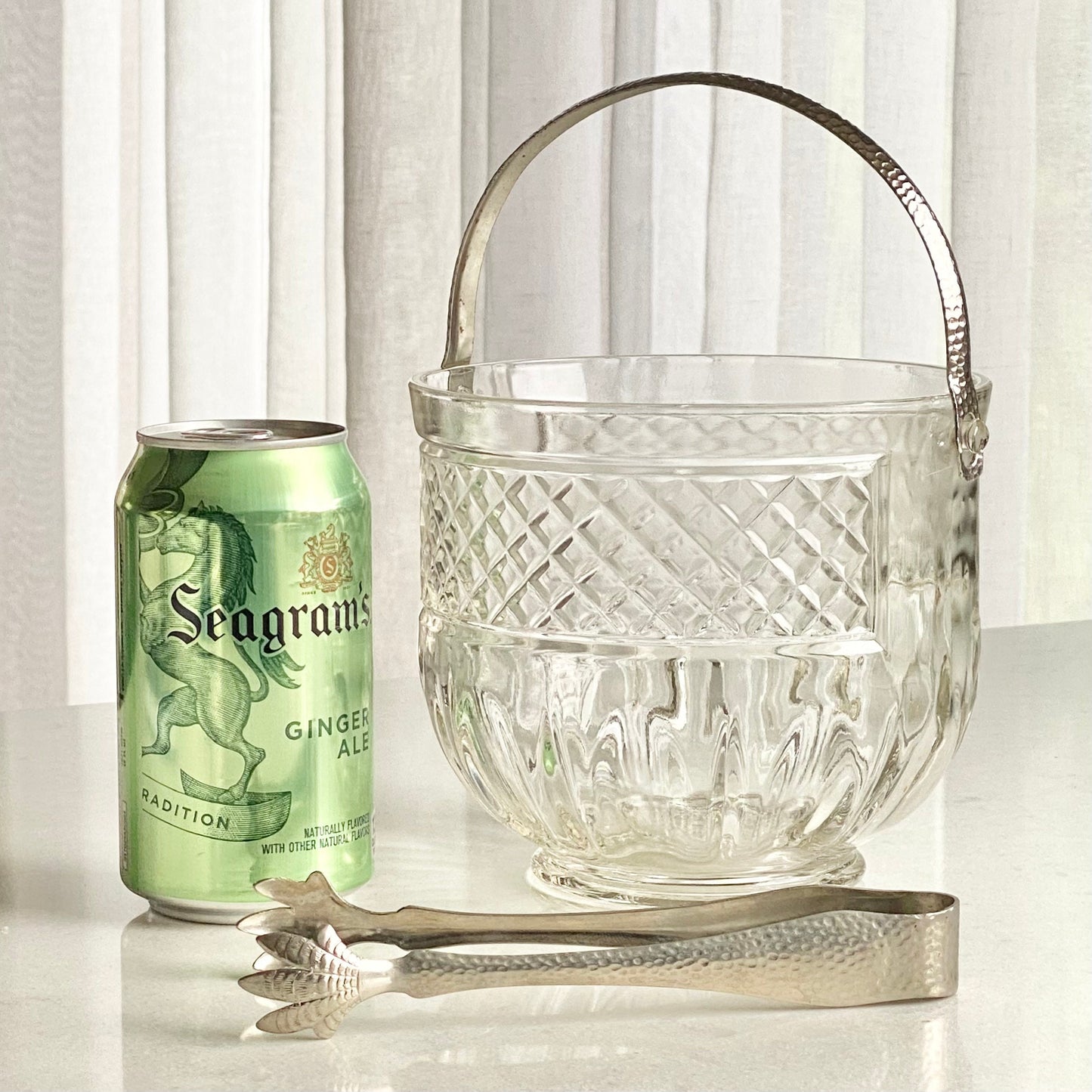 Vintage Ice Bucket with Hammered Metal Handle and Tongs