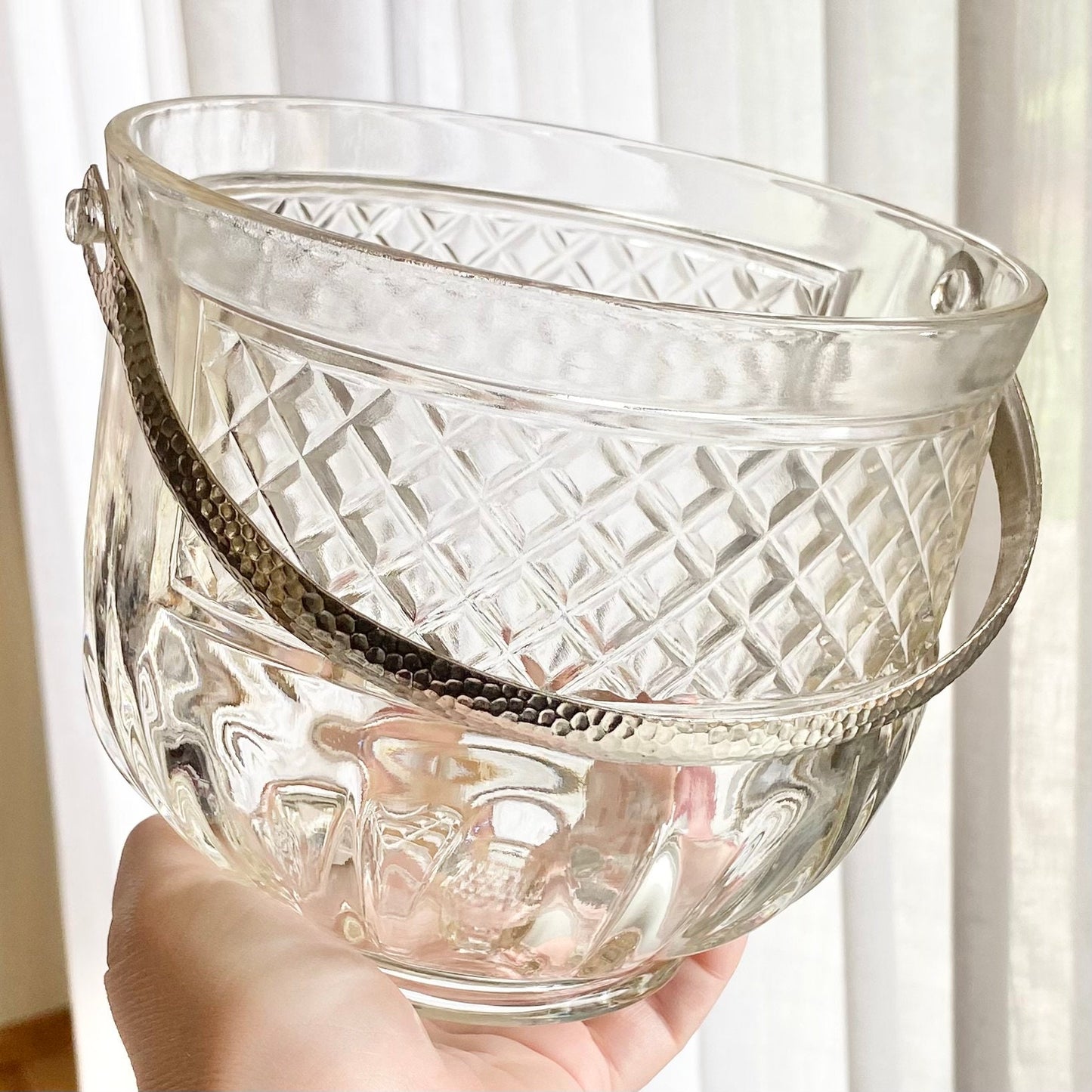 Vintage Ice Bucket with Hammered Metal Handle and Tongs