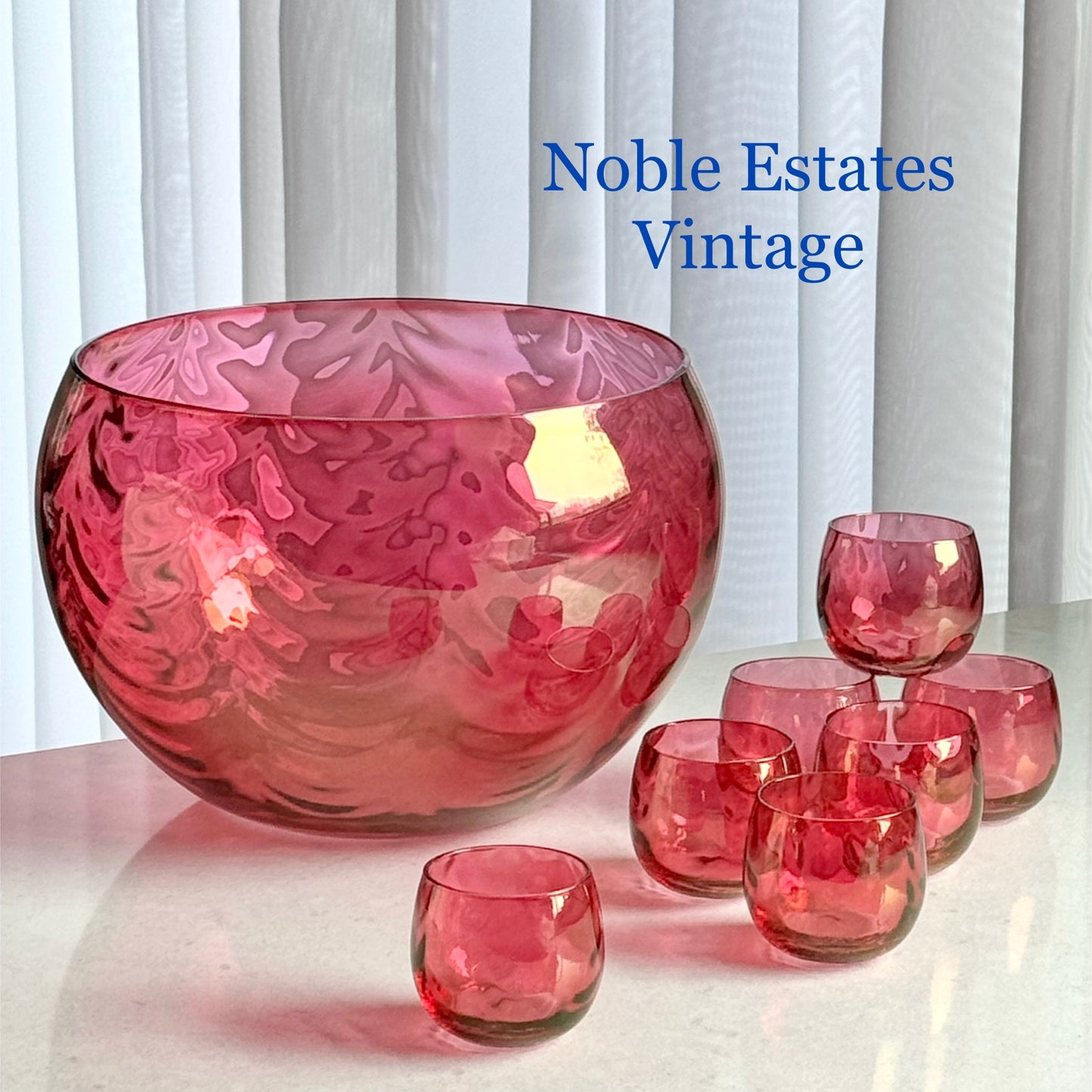 Vintage West Virginia Glass Rose Lustre Loop Optic Punch Bowl and 7 Glasses