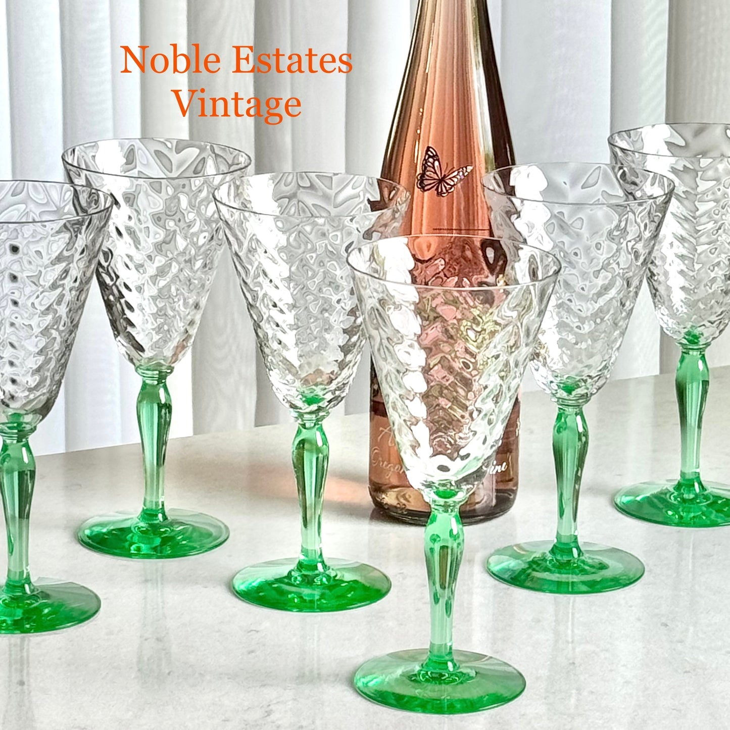 Vintage Uranium Glass Green Stem Optic Pattern Glasses - Set of 8