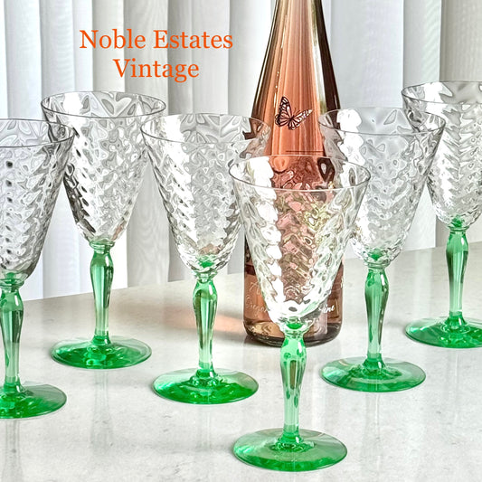 Vintage Uranium Glass Green Stem Optic Pattern Glasses - Set of 8