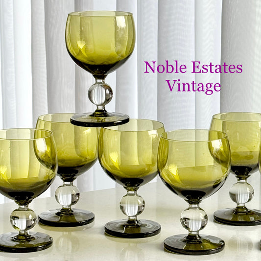 Vintage Ball Stem Olive Green Glasses - Set of 8 Large Goblets