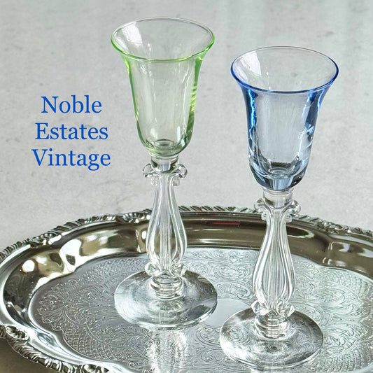 Vintage Cambridge Regency Stradivari Uranium Green and Moonlight Blue Cordial / Tasting Glasses - Set of 2