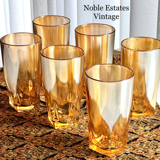 Vintage Jeannette Glass Iridescent Marigold Square Base Tumblers - Set of 6