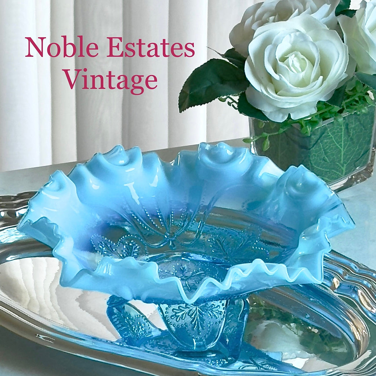 Antique Jefferson Glass Meander Tri-Toed Blue Opalescent Ruffled Bowl (circa 1900 - 1910)