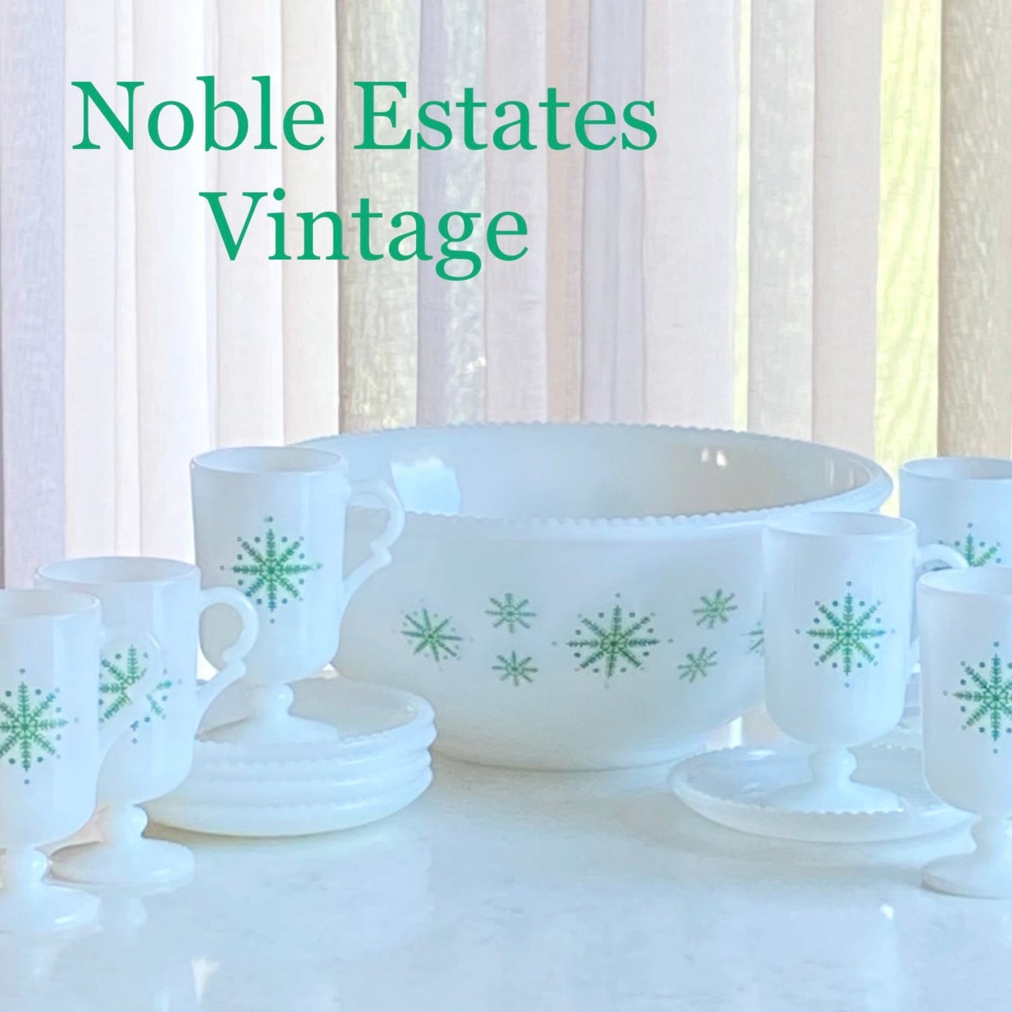 Vintage McKee Milk Glass with Green Snowflakes Beaded Punch Set - 14 pieces total