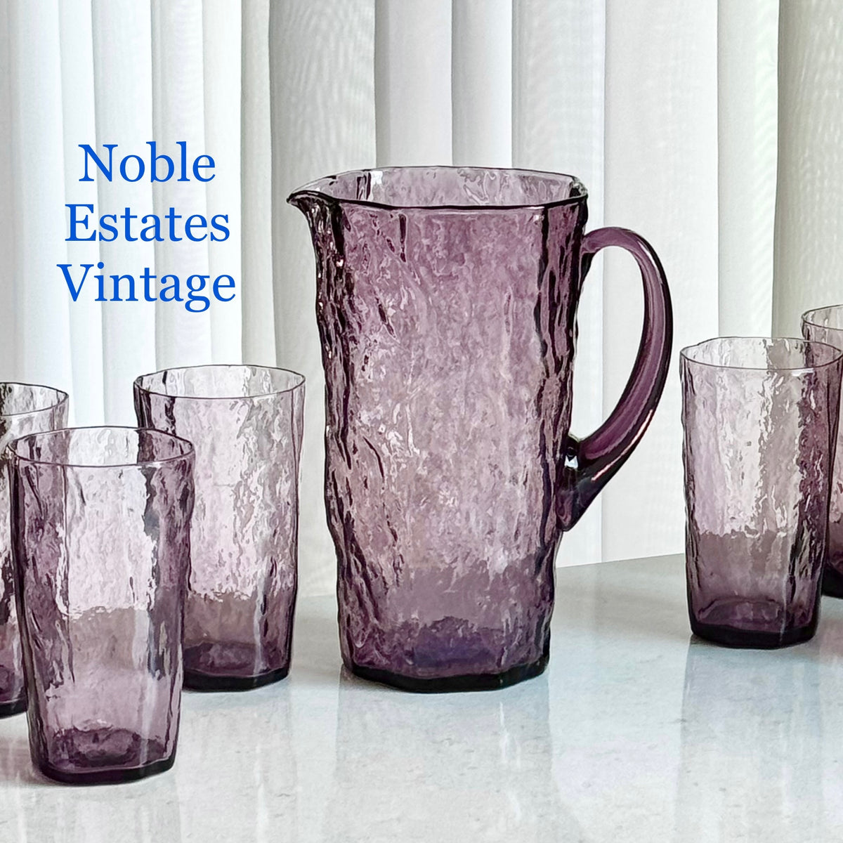 Vintage Morgantown Amethyst Purple Crinkle Pitcher and Six (6) Glasses