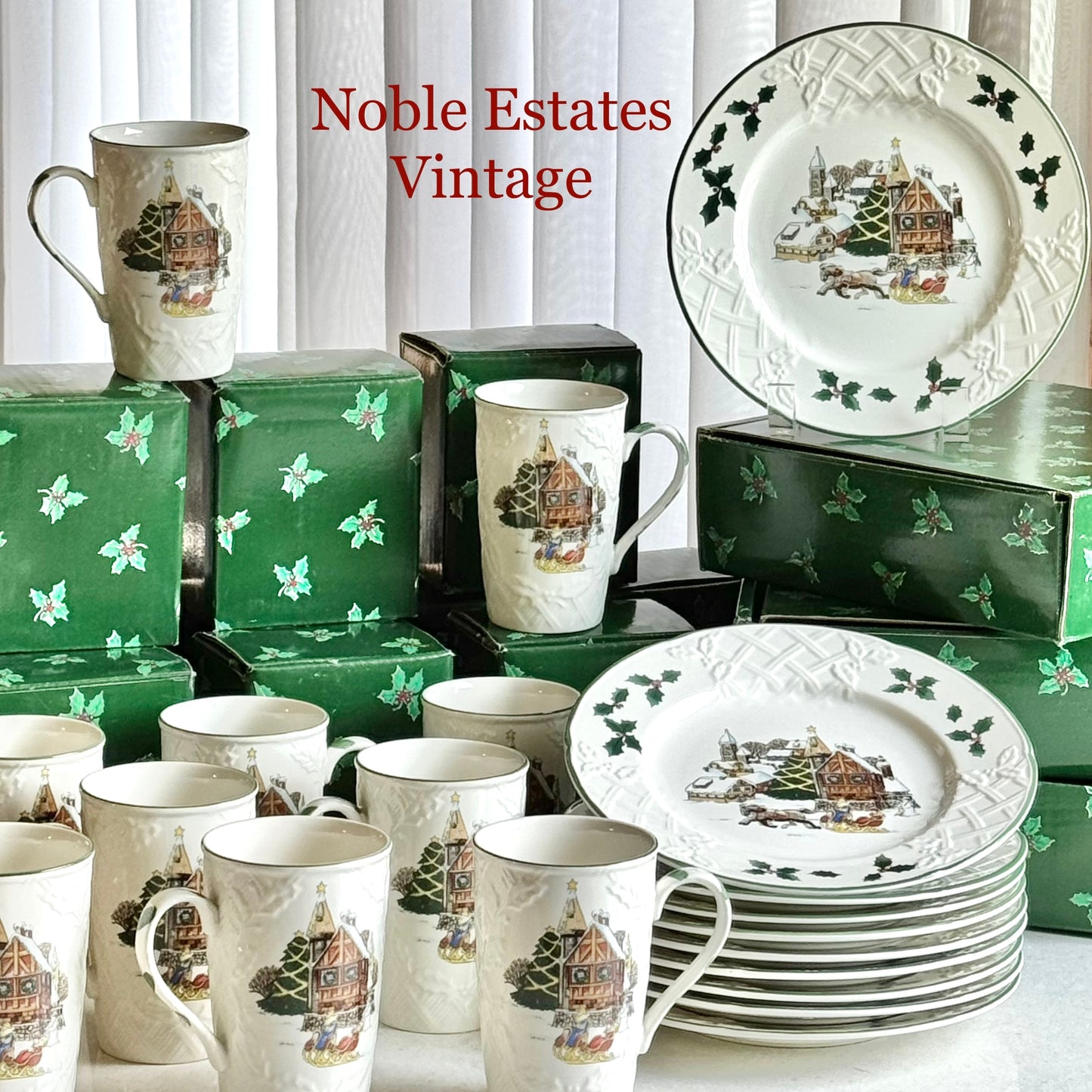 Vintage Mikasa Sleigh Ride Plates and Cups - 10 sets, 20 pieces total