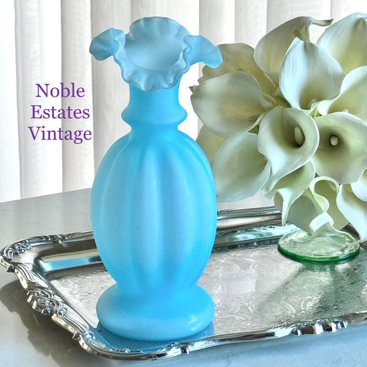 Vintage Fenton Blue Satin Melon Vase (circa 1971 - 1983)