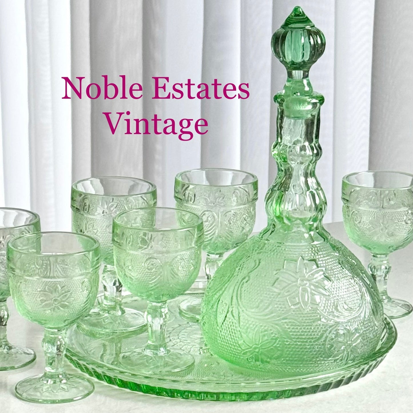 Vintage Tiara Exclusive Chantilly Green Decanter Set with Tray and Six Glasses (circa 1982 - 1991)