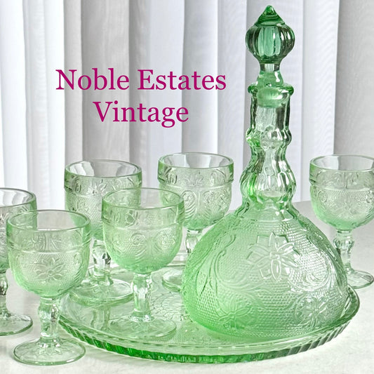 Vintage Tiara Exclusive Chantilly Green Decanter Set with Tray and Six Glasses (circa 1982 - 1991)