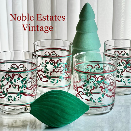 Vintage Wreath and Ribbon Glasses - Set of 4 Tumblers