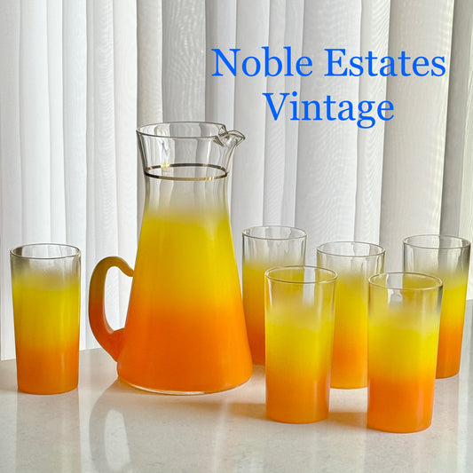 Vintage West Virginia Glass Blendo Orange and Yellow Sunset Pitcher and Six (6) Glasses