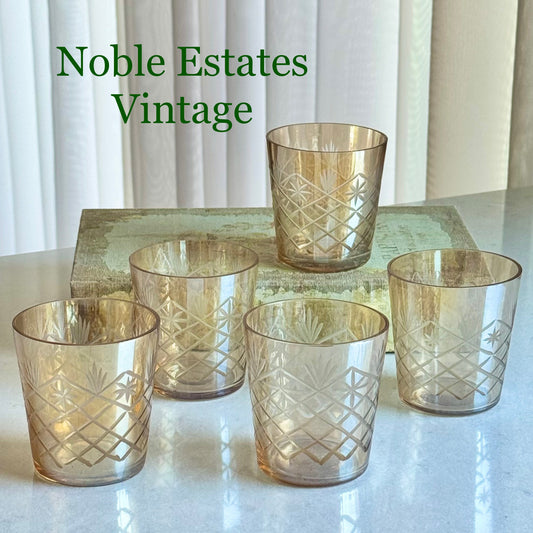 Vintage Cut to Clear Iridescent Gold Candle Holders - Set of 5