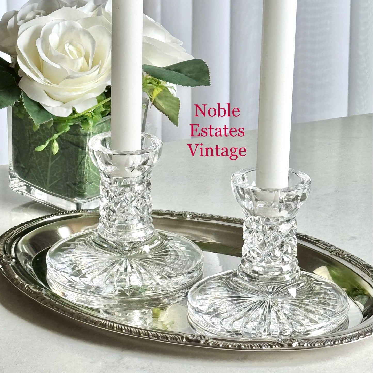 Vintage Waterford Crystal Diamond Cut Candle Holders - Set of 2