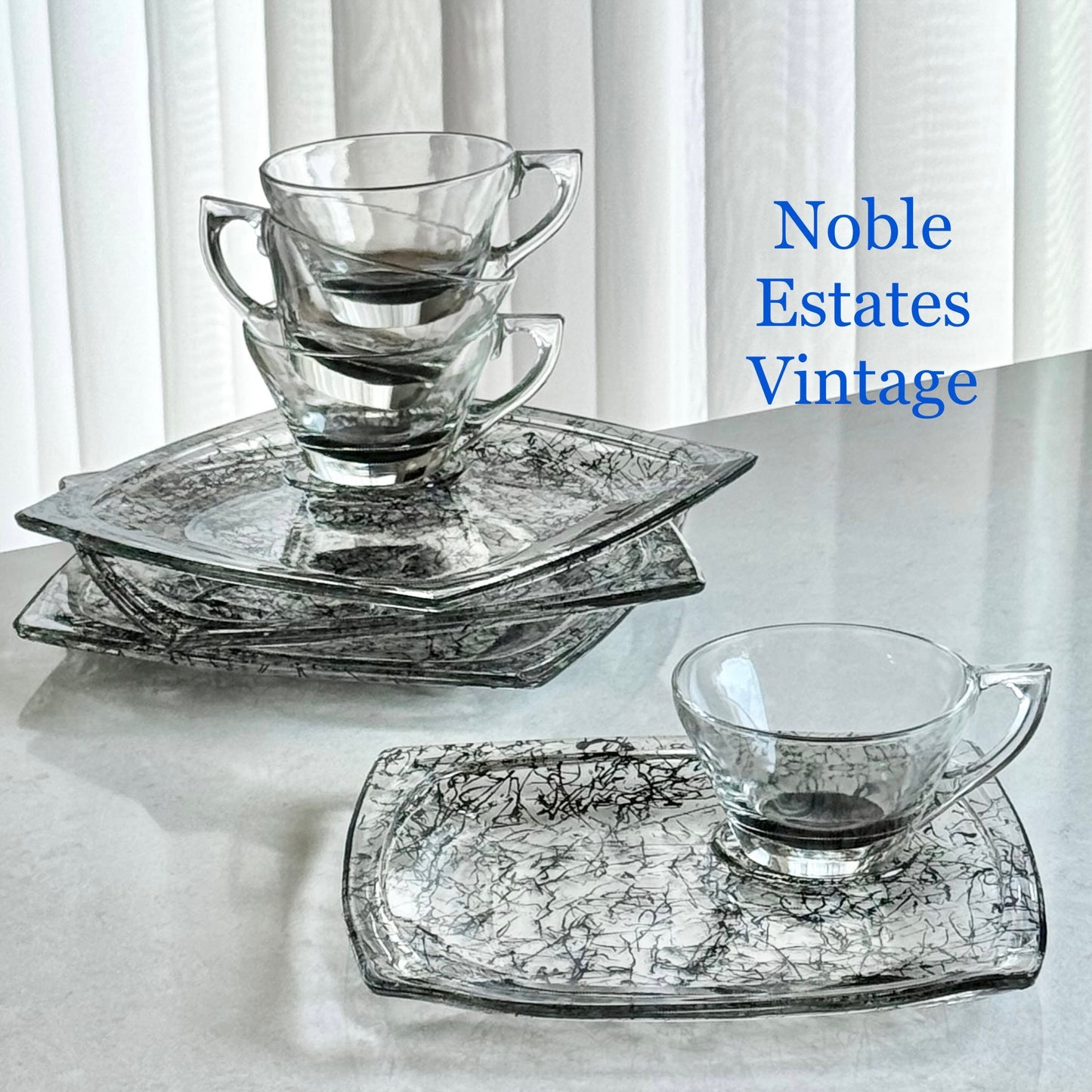 Vintage Hazel Atlas Vanity Black Drizzle Snack Sets - Service for 4 (8 pieces total)