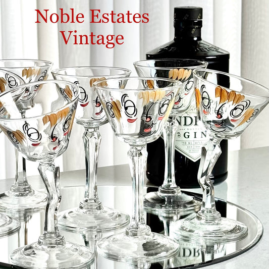 Vintage Gay Fad Studios Tipsy Beau Brummel Martini Cocktail Glasses - Set of 7