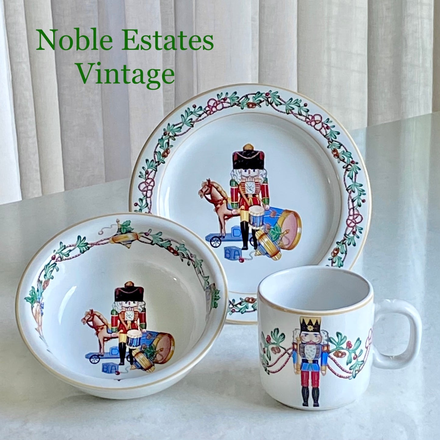 Vintage Block Spal Whimsy Christmas Nutcracker Dishes (circa 1992 - 1999) - Three Piece Child's Set (Plate, Bowl and Cup)