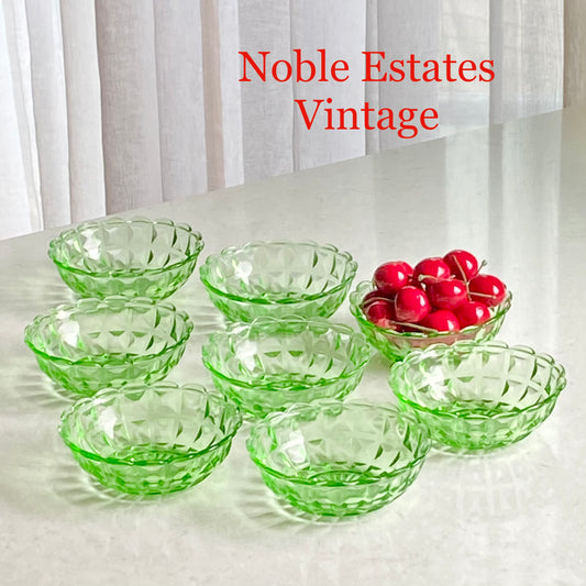 Vintage Jeannette Cube Green Uranium Glass Bowls (circa 1929 - 1933) - Set of 8