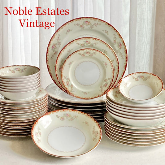Vintage Cherry China red rimmed dishes for sale by Noble Estates Vintage.