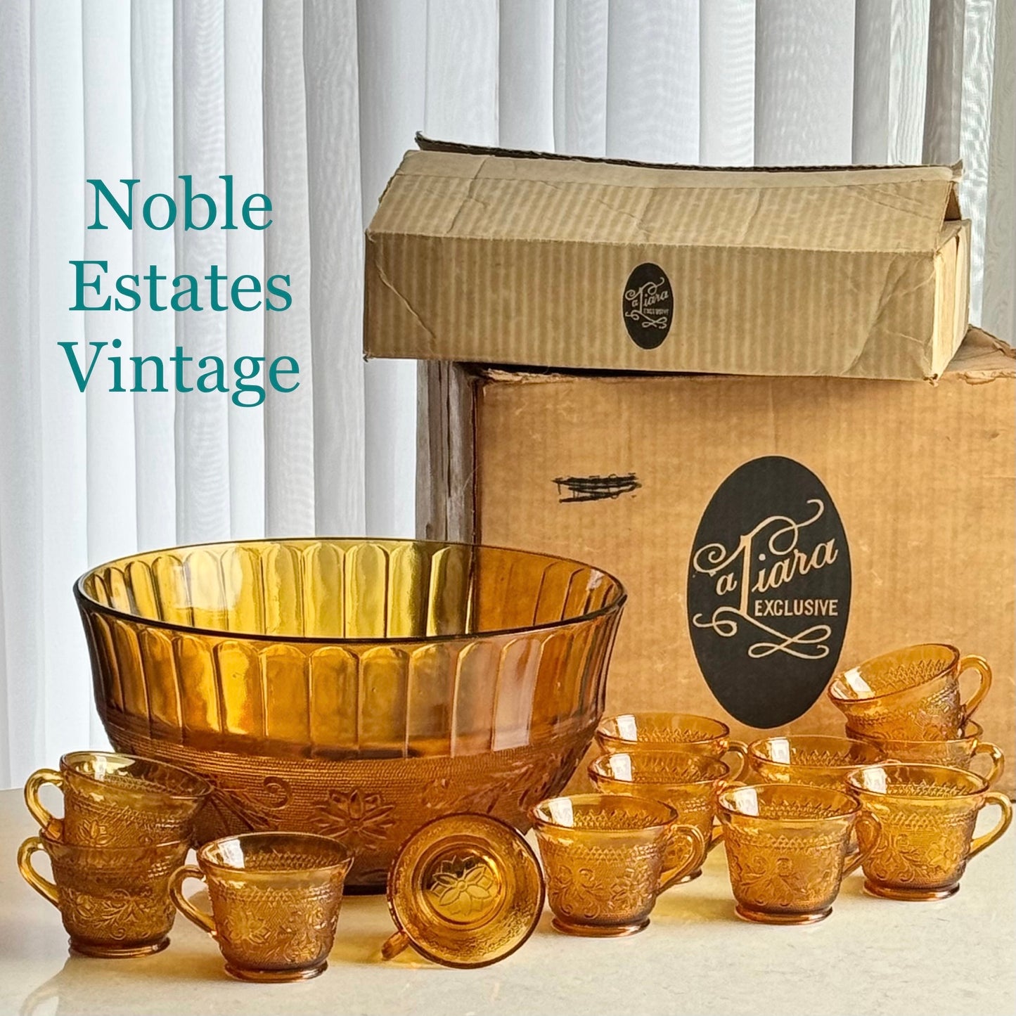 Vintage Indiana Glass Tiara Sandwich Chantilly Amber Punch Bowl and 12 Cups