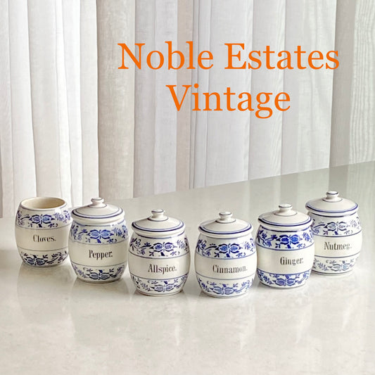 Vintage Blue Onion German Crockery Canisters - Six Crocks and Five Lids (eleven pieces total)