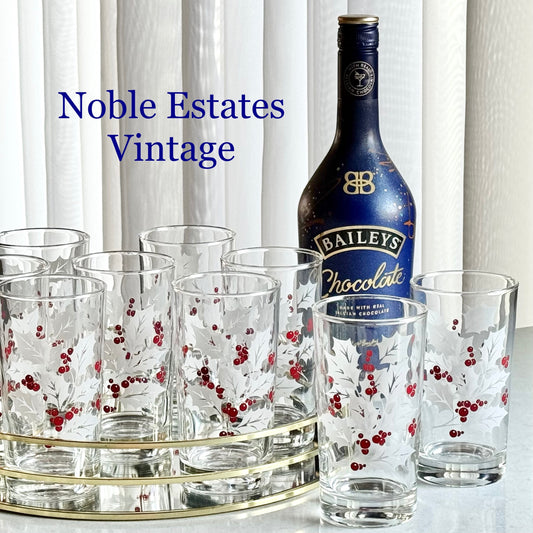 Vintage Indiana Glass White Holly and Berries 10 Ounce Glasses - Set of 9 Tumblers