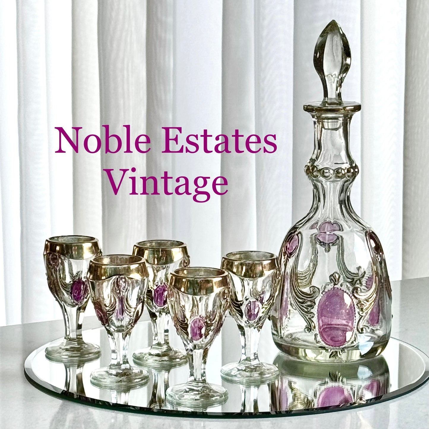 Vintage Gold and Cranberry Accented Decanter and 5 Glasses
