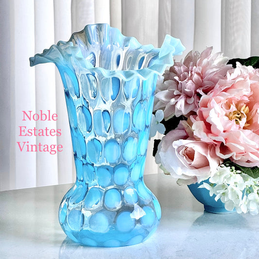 Vintage Fenton Blue Opalescent Large Dot Optic Vase